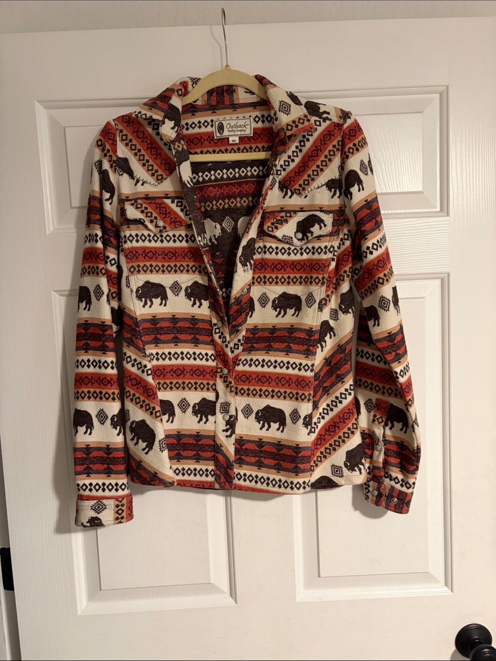 Shawl-Collar Buffalo Print Utility Shirt/Jacket in Cream and Brown
